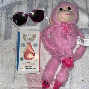 Baby girl Toothbrush Pink Plush Monkey Toy with Sunglasses